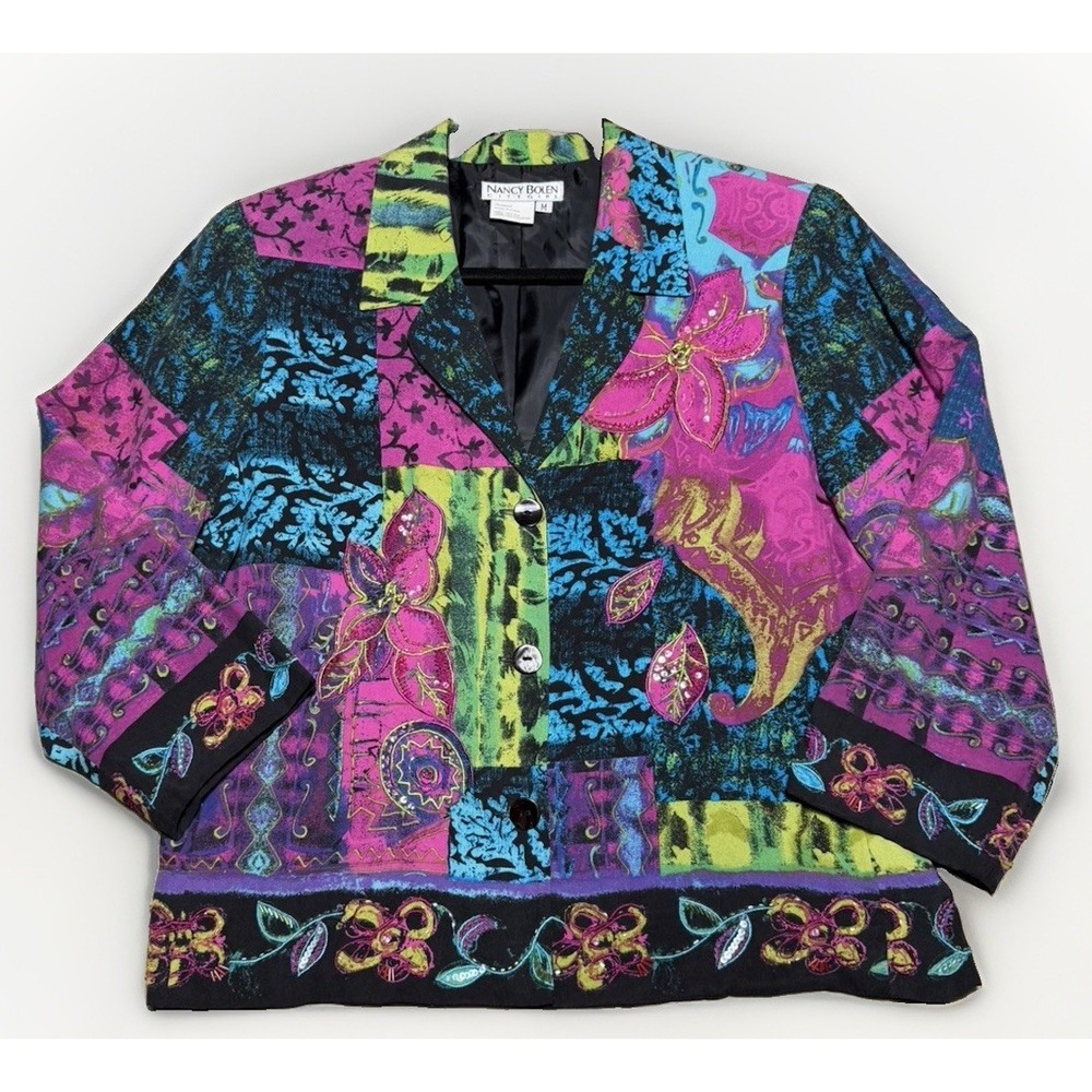 Nancy Bolen City Girl Sz  medium Artsy Silk Jacket MulticolorBeads and Sequins